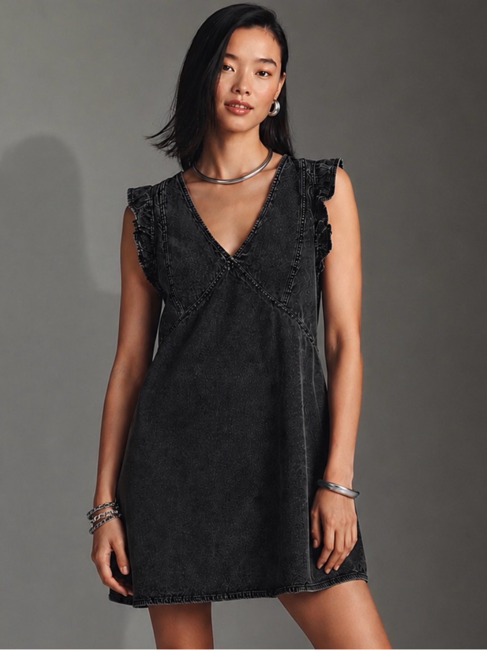 Anthropologie PIECES Ashby Black Denim Ruffle Mini Dress Size L NWT